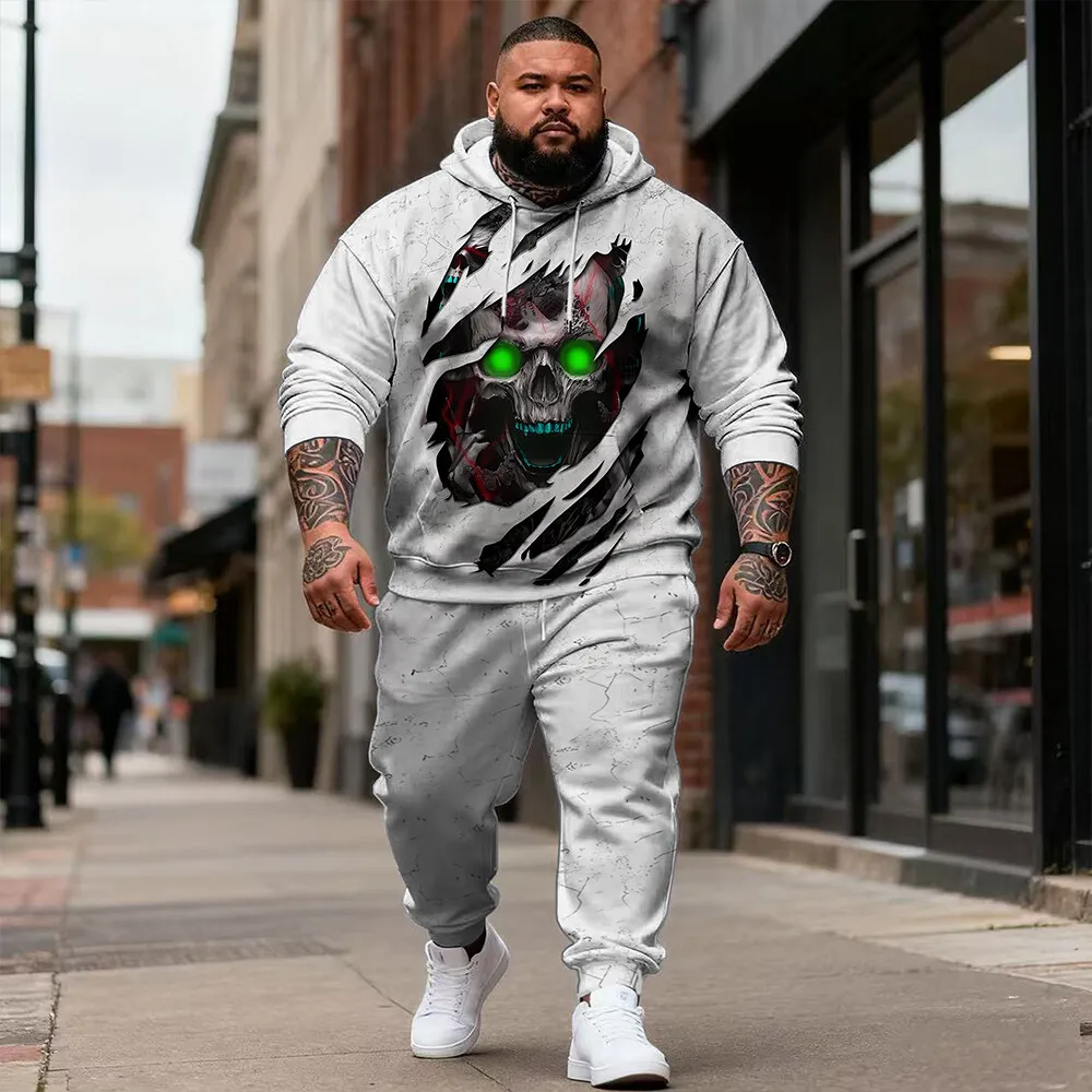 

S-9xl plus size Trendy Skull Men's Hoodie Set - Comfortable 2-Piece Outfit for Plus Size Guys