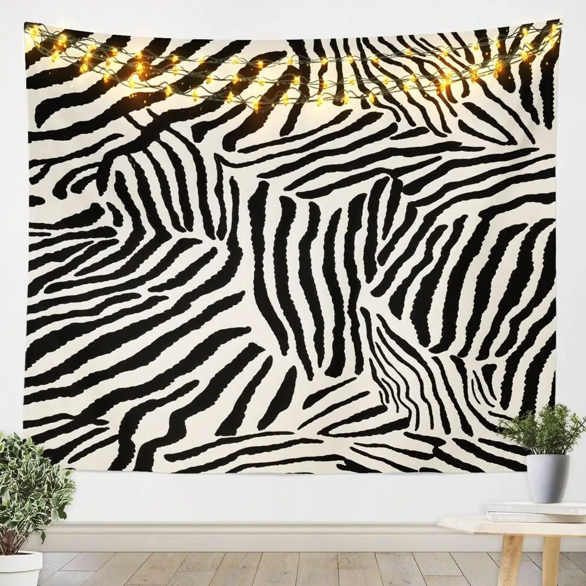 Decorative Zebra Stripe Tapestry Wall Hanging with Fairy Lights LED Illuminated Boho Chic Safari Animal Print Jungle Decor Banne