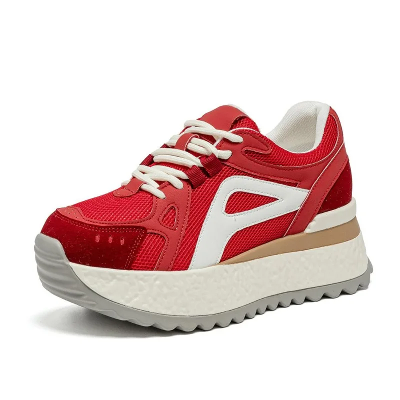 

Women's Sporty Thick Sole Shoes Autumn New Style round Toe Color Block Casual Fashion Dad Sneakers Red Color