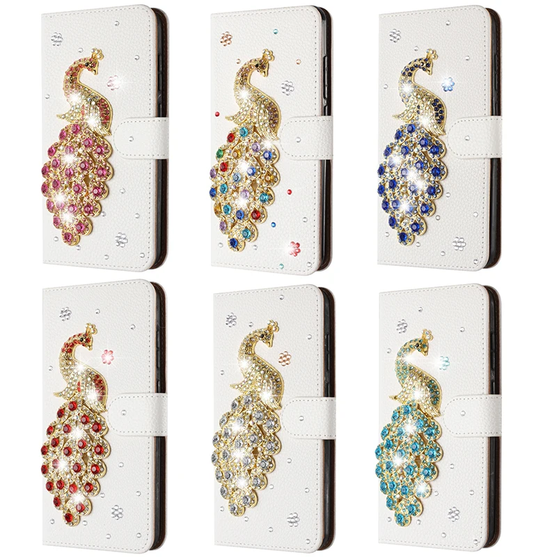 Glitter Wallet Leather Flip Peacock Case For iPhone 17 ProMax Air 16 E 15 14 Plus 13 Pro 12 Mini 11 XSMax Wallet Leather Cover