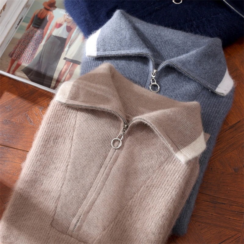 

Женский пуловер из 100% норкового кашемира, осенне-зимний свитер с воротником и молнией, повседневный теплый мягкий вязаный топ унисекс