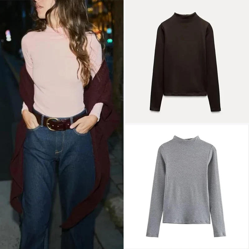 

Z Women's High Collar Long Sve T-irt Spring New Sle Multi-Color Simple Match All Polyester Fiber T-irt