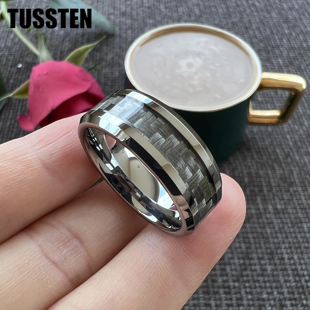 Dropshipping TUSSTEN 6/8MM Cool Grey Carbon Fiber Ring Tungsten Wedding Band For Men Women Shiny Bevel Edges Comfort Fit