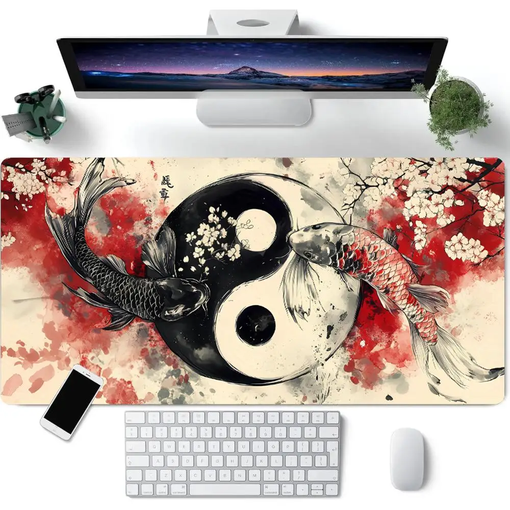 Alas meja besar alas mouse merah putih motif Koi bunga sakura alas mouse Sathetics XXL alas meja kantor karet 90x40 alas keyboard gaming