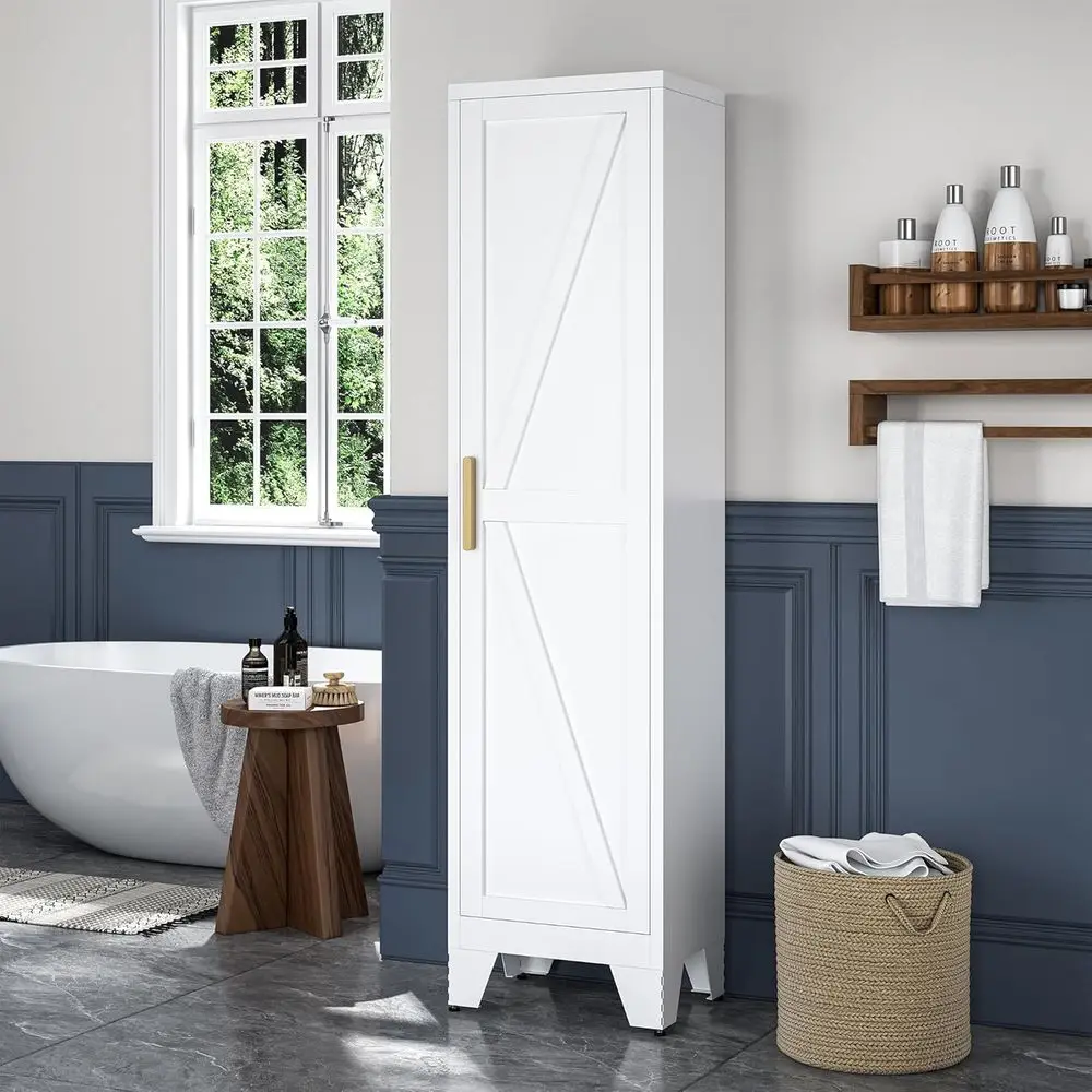 

Slimline White Metal Storage Cabinet with 5 Adjustable Shelves and Barn Door for Bathroom, Kitchen, and Entryway
