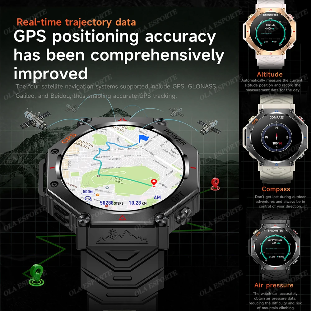 New Outdoor GPS Smart Watch for Android IOS Military Smartwatch LED Flashlight Men 3ATM Waterproof 100+ Sport Modes Built-in GPS