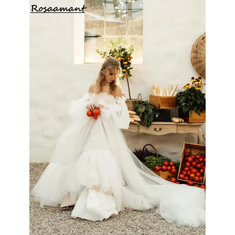 Romântico sem alças manga destacável a linha vestidos de casamento em camadas tule boho país personalizado vestidos de noiva