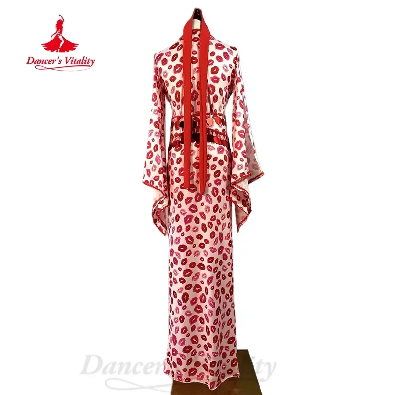 BellyDance Set Custom High-end Printed Robe+Sequin Bra+headscarf+hip Scarf 4pcs Adult Children Oriental Dance Performance Outfit