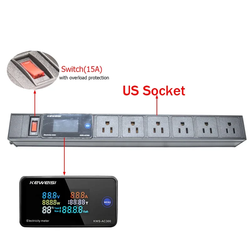 USA Power Strip 2/3/4/5/6/7/8/9/10Ways US Socket Outlets With Switch LCD Digital Ampermeter Voltmeter Ammeter C14 interface