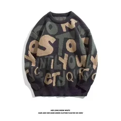 Men Jumpers O Neck Sweater Flat Knitted Pullovers Long Sleeve Letter High Street Loose Sweaters 2024 Winter Slight Strech
