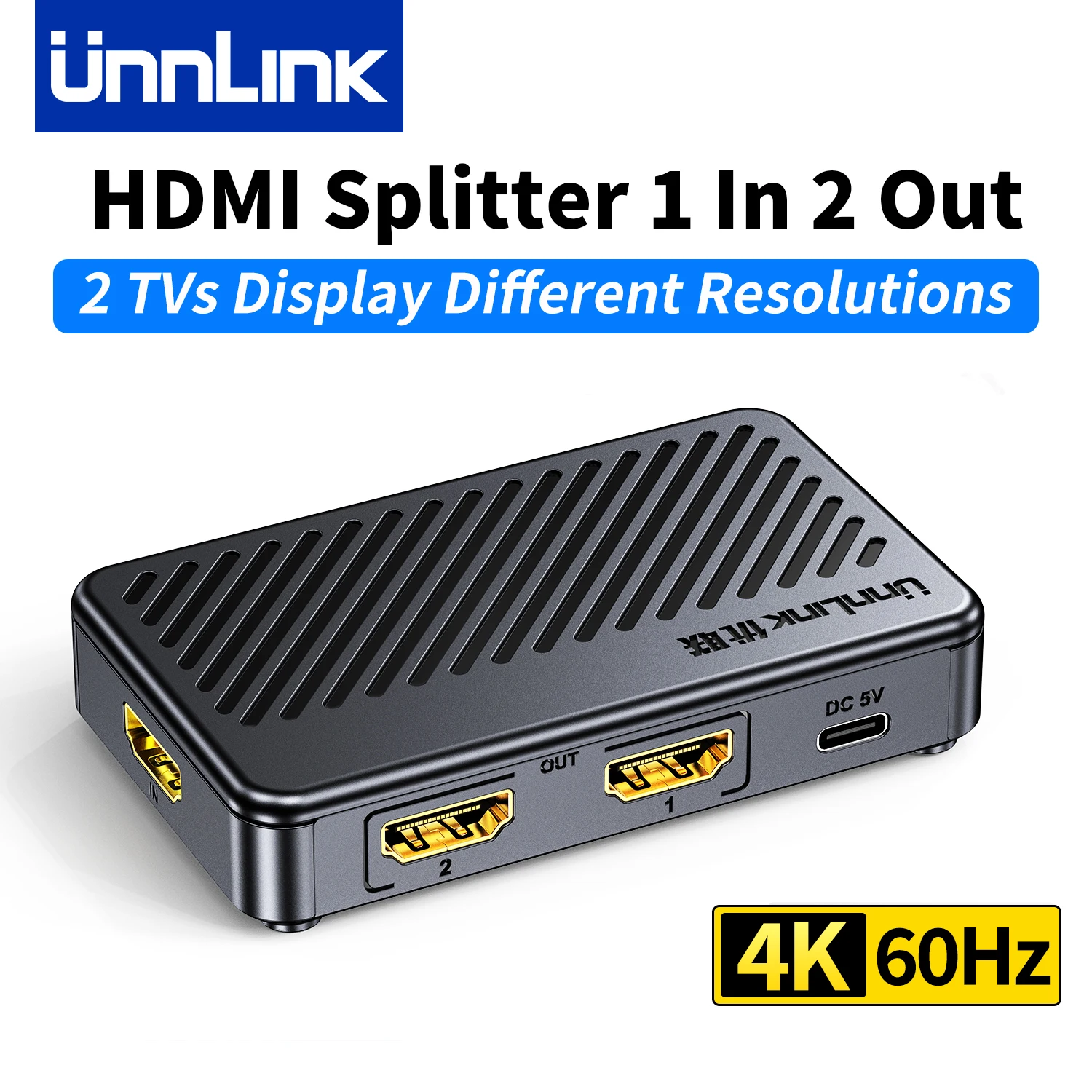 Unnlink UltraHD 4K@60Hz 1x2 HDMI Splitter 1 in 2 Out, 18 Gbps, Support Two TV Display the Different Resolution, HDCP 2.3 3D HDR