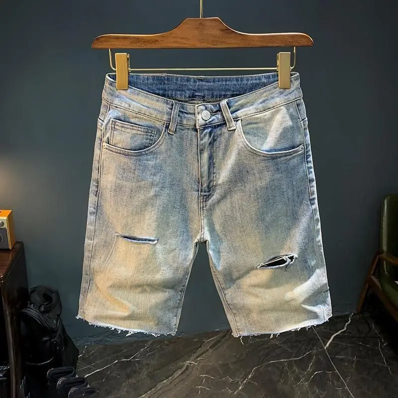 

New Summer Luxury Clothing Kpop Washed Casual Denim Shorts Knee Length Distressed Hole Breathable Boyfriend Short Jeans for Men