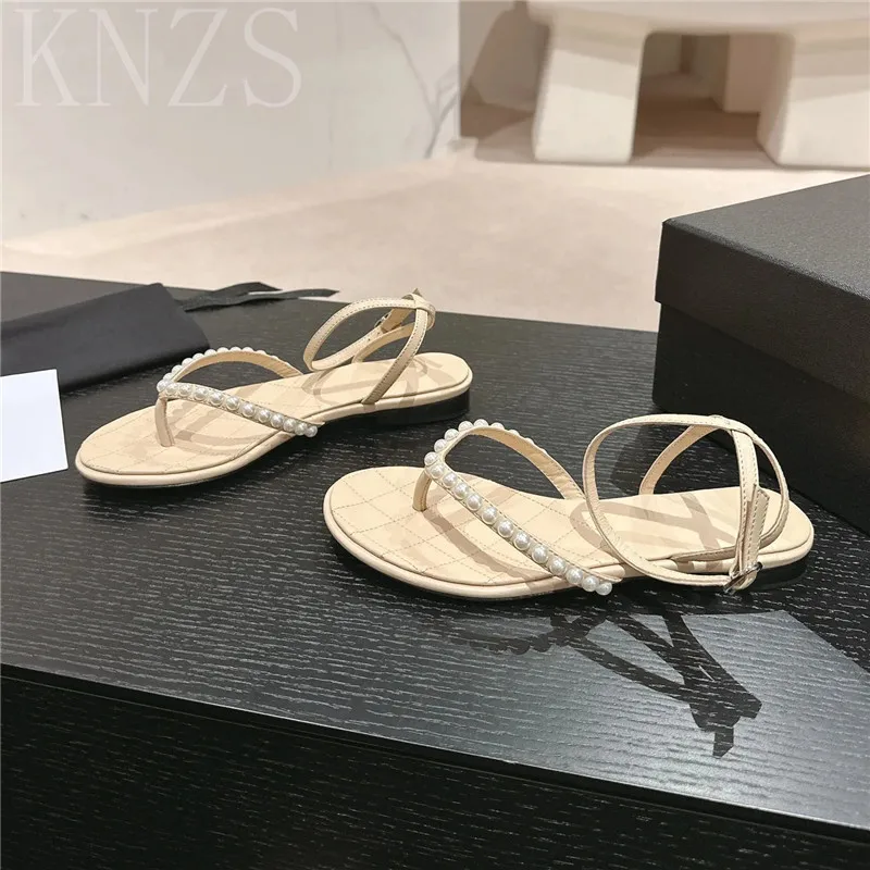 

Summer New Round Toe Flip Flops Sandals Woman Pearl Decor Women Shoes Buckle Strap Genuine Leather Casual Flat Beach Sandal 2024