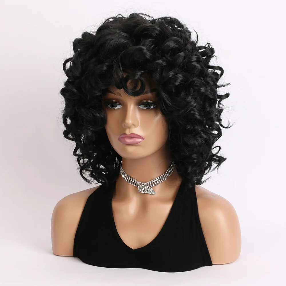 Perucas sintéticas encaracoladas pretas com Franja para mulheres, cabelo Afro Kinky, peruca cosplay sem cola, aparência natural, moda