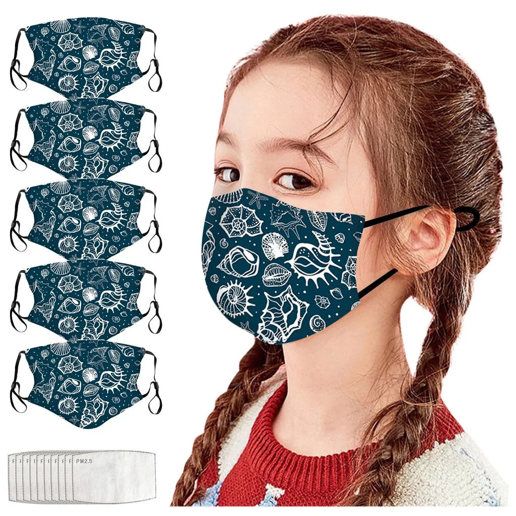 5Pc Masker + 10Pc Filter Kinderen Cartoon Zeevis Print Buiten Beschermend Herbruikbaar Masker Kindvriendelijk Ademend Comfort Masker