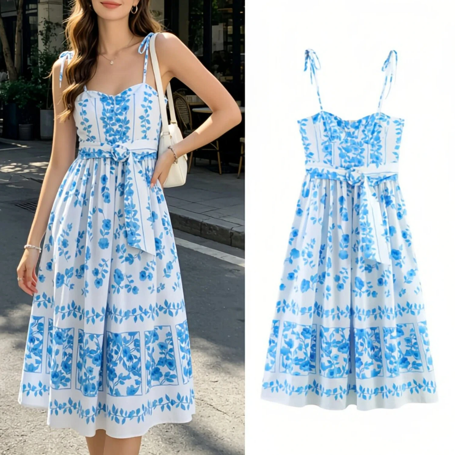 Damen Blaues Bedrucktes Cami-Kleid 2026 Sommer Sexy Schleifenband Midi-Kleid Strand Urlaub Langes Modisches Damenkleid