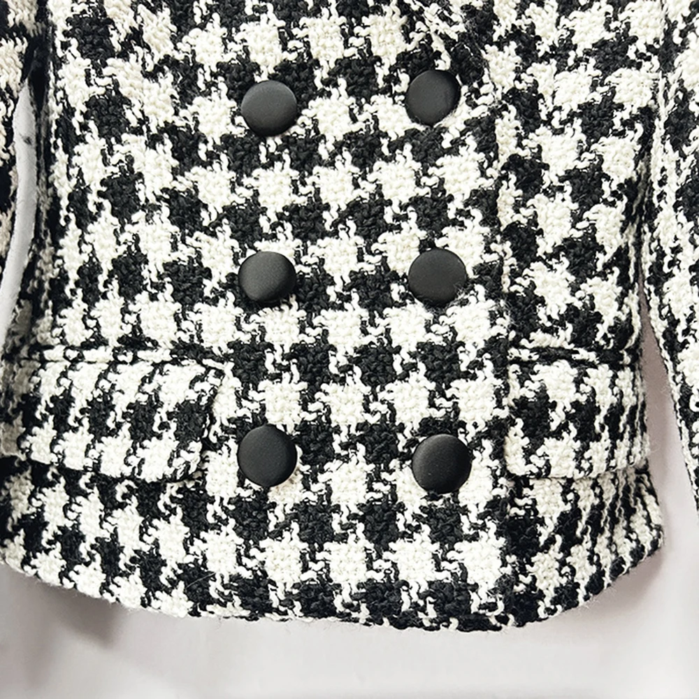 TWOTWINSTYLE Houndstooth Two Piece Set For Women Notched Collar Long Sleeve Tunic Blazer High Waist Skirt Elegant Sets Female