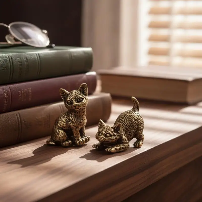 Messing-Mini-Katzenfigur mit Gravierter Textur, Winzige Metallstatue, Heimdekoration für den Schreibtisch, Sammlerstück, Geschenk für Katzenbesitzer – Detail 11
