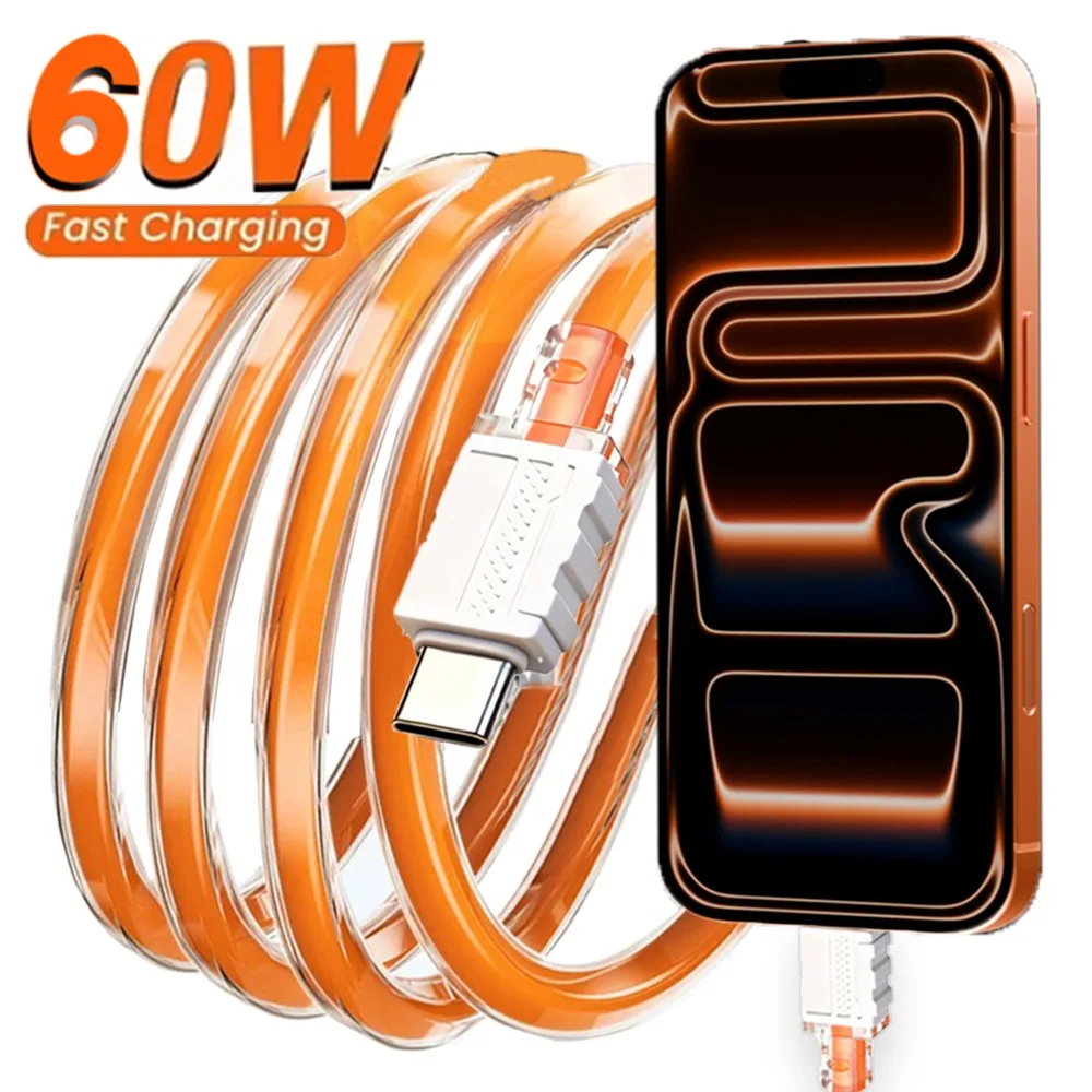 

PD 60 Вт желейный прозрачный кабель для быстрой зарядки передачи данных типа C к сверхбыстрой зарядке типа C для IPhone 17 16 15 Samsung Xiaomi