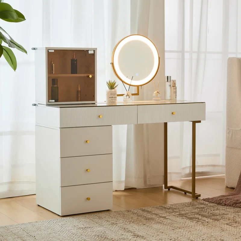 Coiffeuse blanche sans tabouret 120×45×115 cm, plateau en verre trempé bord doré, grand miroir clair. Module latéral interchangeable, cadre métallique et panneau stable anti-basculement, livré en 2 colis pour chambre.
