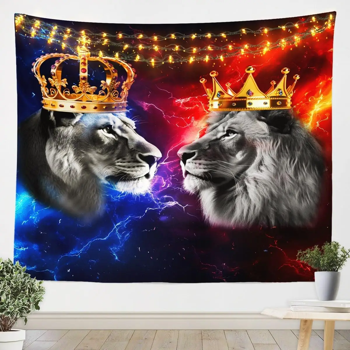 Wild Lion Couple Tapestries 3D African Animal King and Queen Golden Crown Polyester Tapestry,Romantic Floral Red Rose Flowers