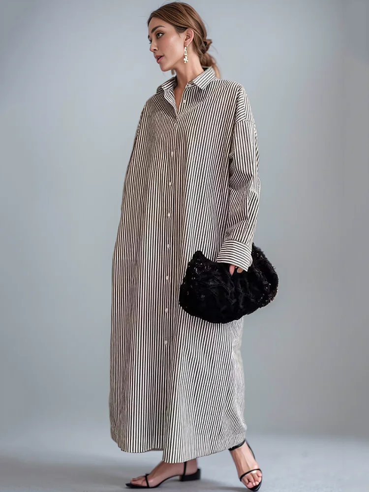 DEAT Fashion Women's Stripe Shirt Dress Lapel Single Breasted Loose Cotton Ankle-length Dresses Summer 2024 New Tide 7AB4452