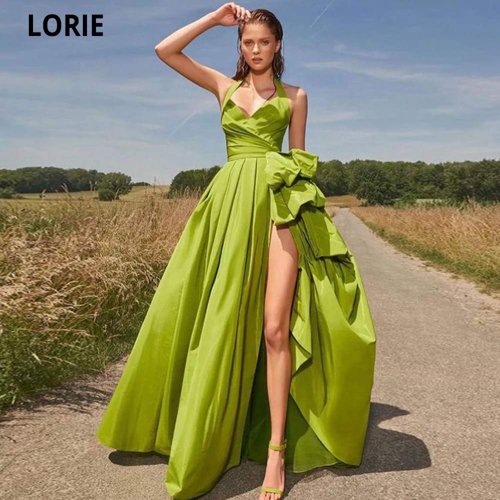 Lorie Taffeta Pastrol Avondjurken Vestidos De Fiesta Halter Tiered Zakken Arabische Dubai Formele Gowns Been Slit Avondjurken