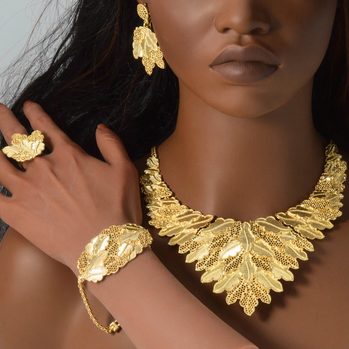 Luxury Leaf Jewelry Set Necklace Bracelet Earrings Ring Botanical Theme For Women Elegant Gift Anniversary Valentine's Day
