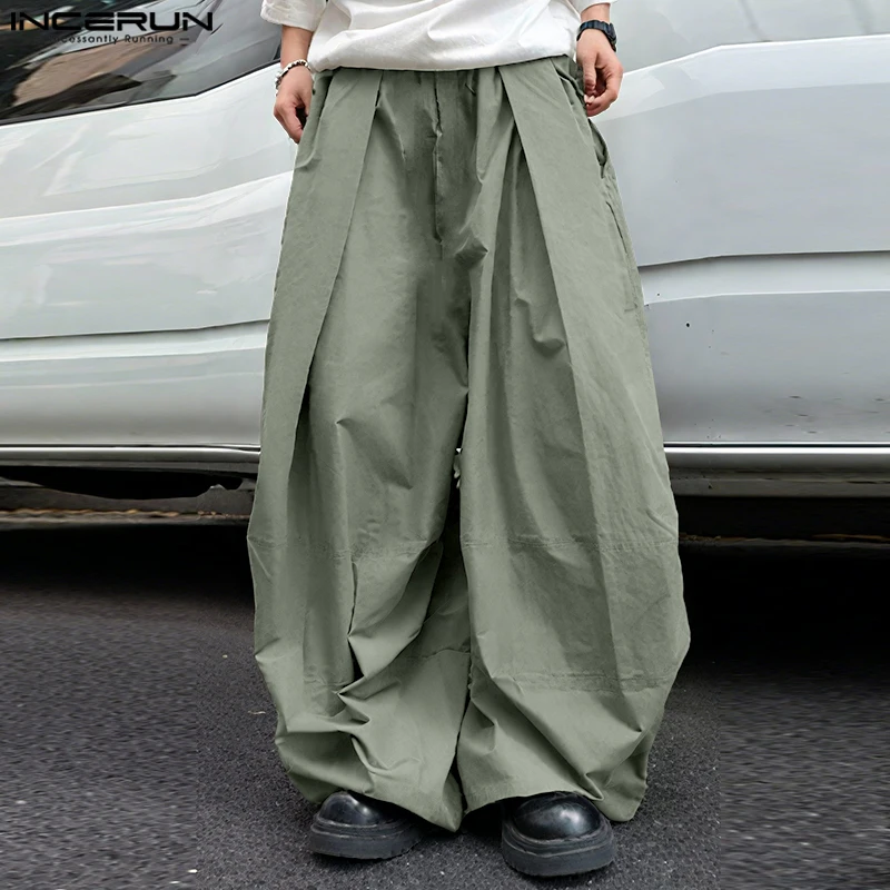 

Men Wide Leg Pants Joggers Elastic Waist Pleated Trousers Men Streetwear 2025 Oversize Korean Style Fashion Long Pants INCERUN
