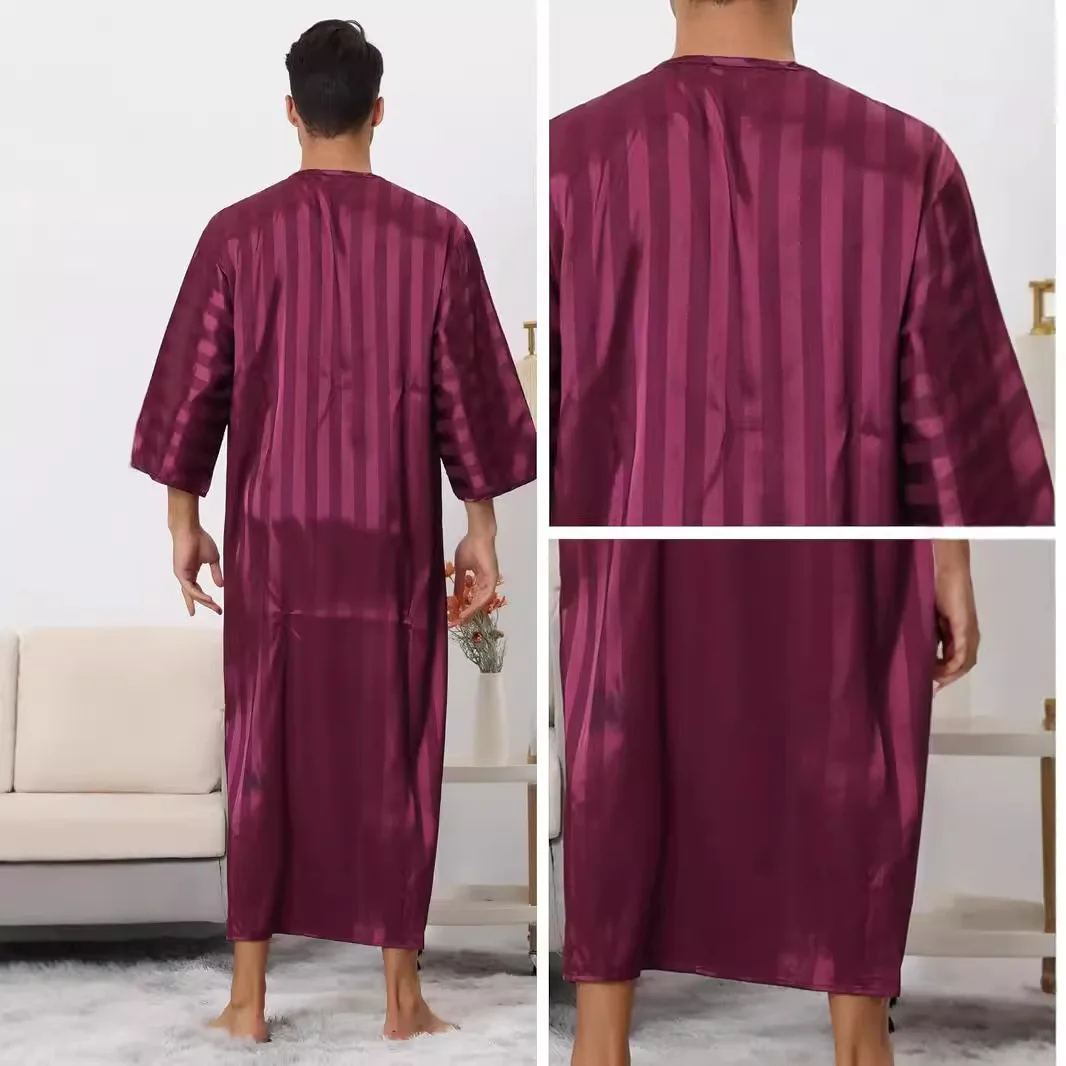 2024 New Moroccan Dubai Clothing Striped Robe with Embroidered Saudi Arabia on Middle Sleeve