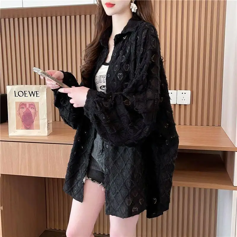 Summer Large Size Men's Shirt Hollow out Loose Fit Thin Love Heart Pattern Casual Style Polyester Fiber Long Sleeve Top