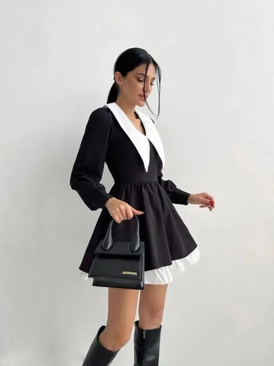 Women's Back To School Fashion Trendy Black Doll Collar Slim Waist Dress Audrey Hepburn Style Little Black Dress Skirt