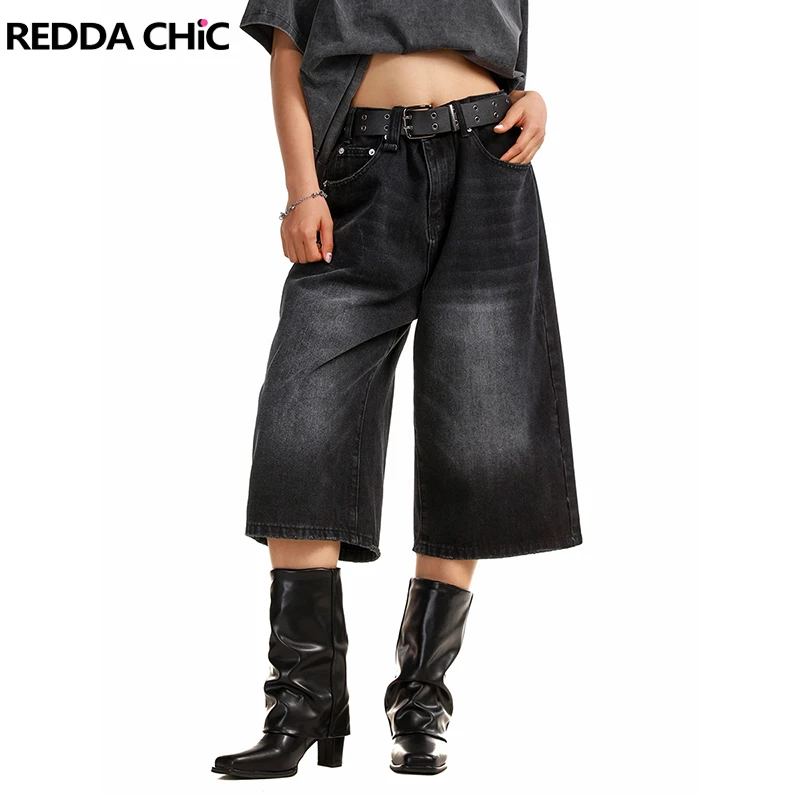 REDDACHiC Acubi Fashion Women Whiskers Baggy Jorts Vintage Black Wash Frayed Distressed Denim Short Pants Grunge Y2k Streetwear