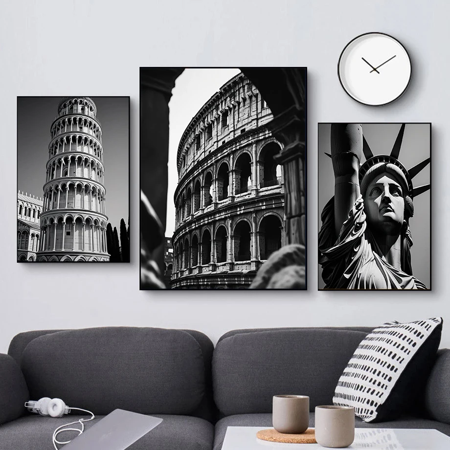 Black And White World Tourism City Representative Landmark Architecture Landscape Art Poster Canvas Print Home Wall Decoration