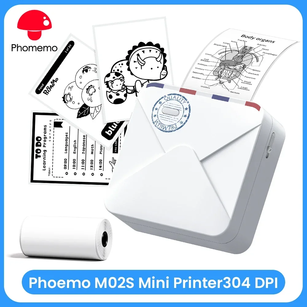 Phomemo M02S Portable Thermal Printer Photo Printer 300dpi HD Bluetooth Mobile Label Printer for Journal Travel DIY Cards Gift