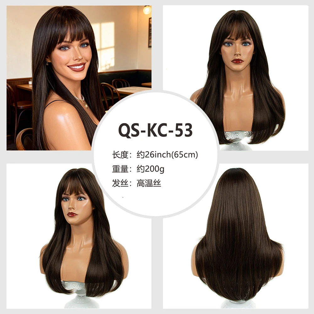 غرة شعر مستعار، تسريحة شعر كاملة الرأس، عصابة رأس حريرية محاكاة طبيعية عالية الحرارة، شعر طويل مجعد مستقيم، أنثى #5