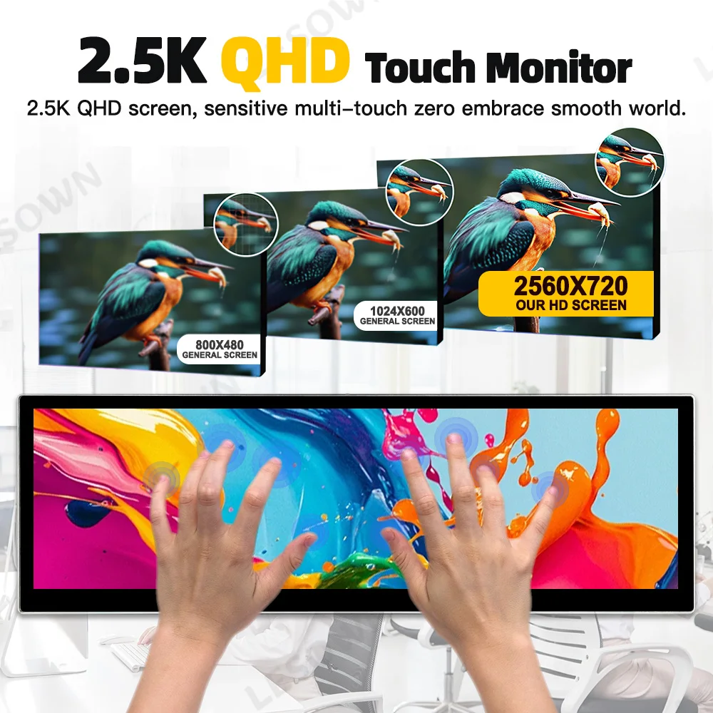 LESOWN 14,5 pulgadas 2560x720 Monitor táctil portátil de barra larga USB C HDMI 2,5 K 1500:1 PC portátil pantalla auxiliar para ordenador de ventana