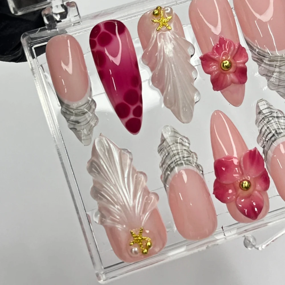 10Pcs Handmade Manicure Medium French 3D Almond Fake Nails New Flower Limited Press On Nails Design  with Adhesive Nail File Set