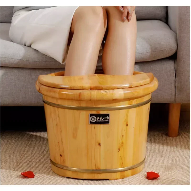 Cypress Wood Thick Pedicure Foot Bucket with Wooden Lid, Insulation Environmental Protection Foot Barrel, 26cm