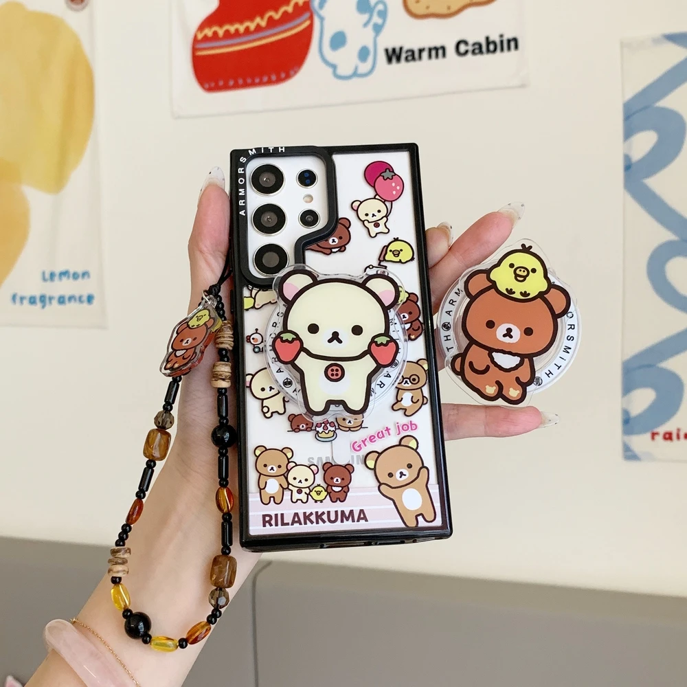Cute Cartoon Rilakkuma Bear Magnetic Holder Magsafe Wireless Charge Phone Case For Samsung Galaxy S26 25 24 23 Ultra Puls Cover view 4