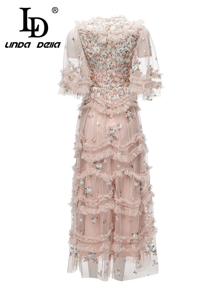 LD LINDA DELLA 2023 Summer Runway Designer Vintage Dress Women's Round Neck High Waist Embroidery Cascading Ruffle Lace Dress