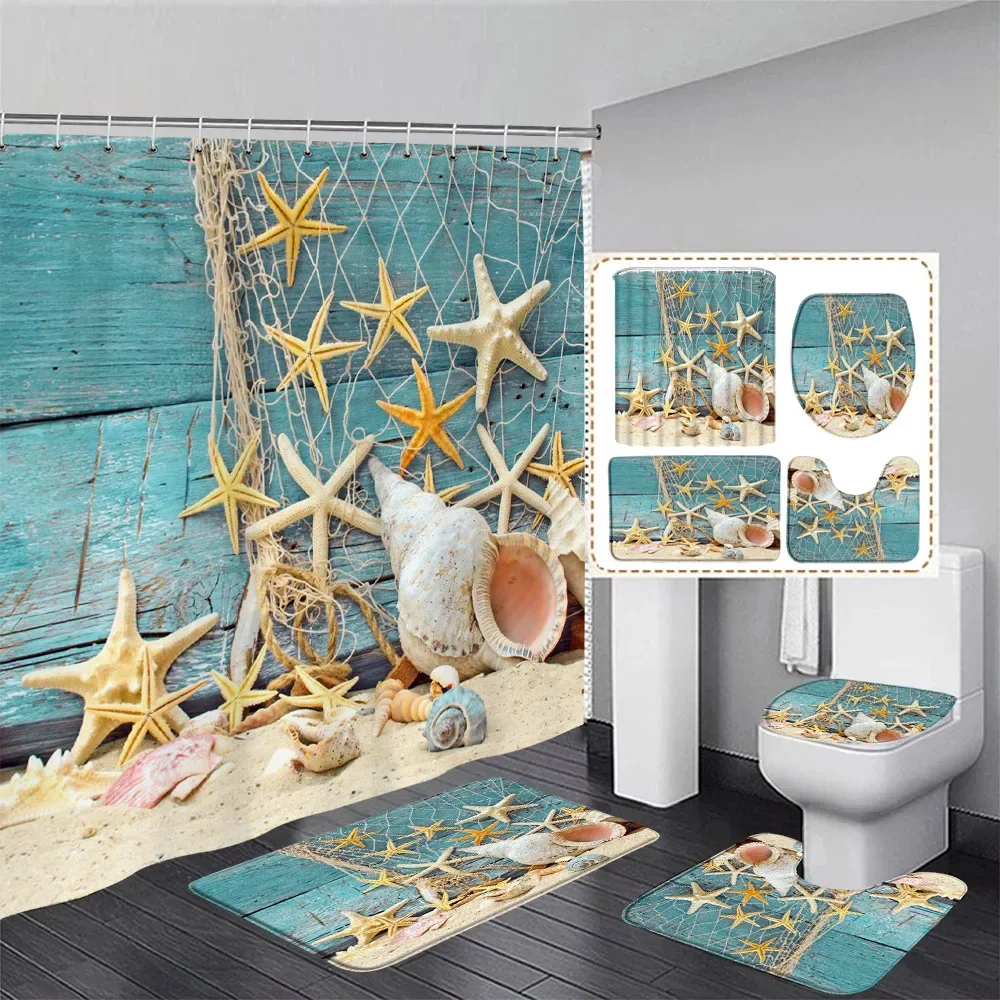 Starfish Beach Shower Curtain Set Blue Wooden Plank Conch Mediterranean Home Bathroom Decor Floor Rug Bath Mats Toilet Lid Cover