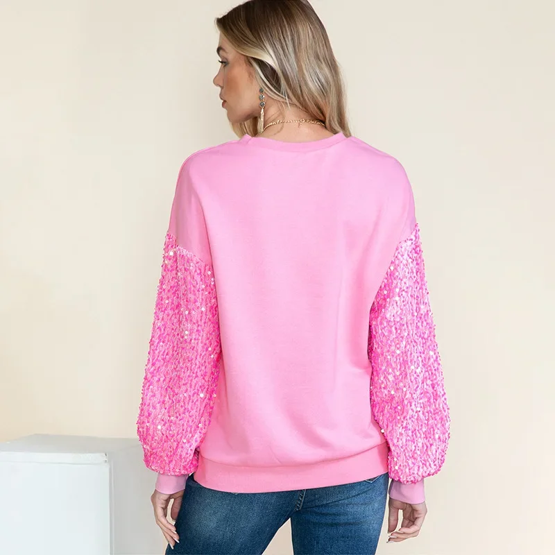 Jersey de retales con lentejuelas para mujer, sudaderas coloridas versátiles y sencillas de manga larga con cuello redondo, Tops informales NASY0002, novedad de 2024
