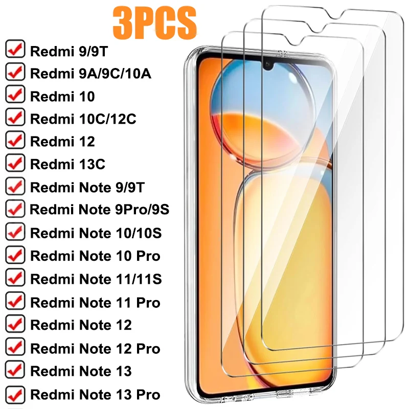 3Pcs Protective Glass For Xiaomi Redmi 12C 10C 10A 9A 9C 9T 8A Screen Protector For Redmi Note 8 9 10 11 12 13 Pro 9S 10S glass