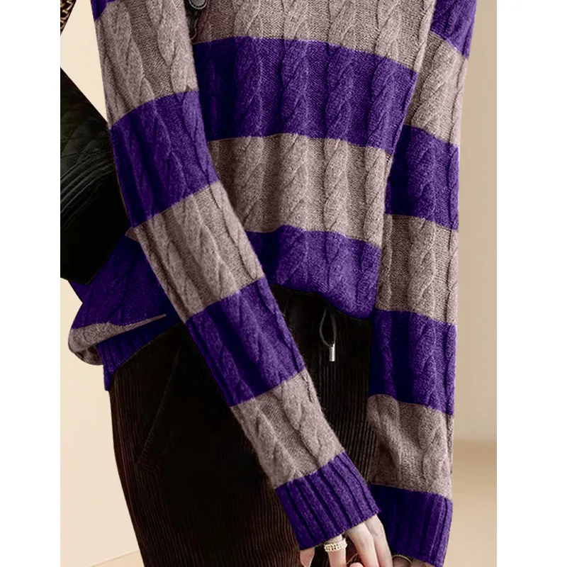 Women Vintage Elegant Elasticity Pullovers Fashion Striped Turtleneck Sweaters Autumn Winter Warm Loose Wool Knitwear