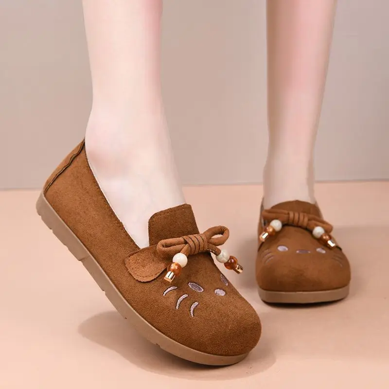 

Cat Face Bowknot Ballet Flats Ladies Soft Shallow Flat Shoes for Women Non Slip Comfy Slip On Moxa Grass Insole Casual Moccasins