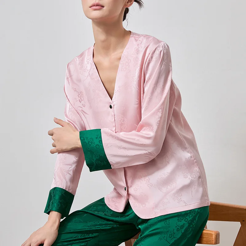 Krismile Women's Pajama Sets 2025 Spring Autumn New Chinese Style Jacquard Spliced Single Breasted Top Straight Pants Satin Suit