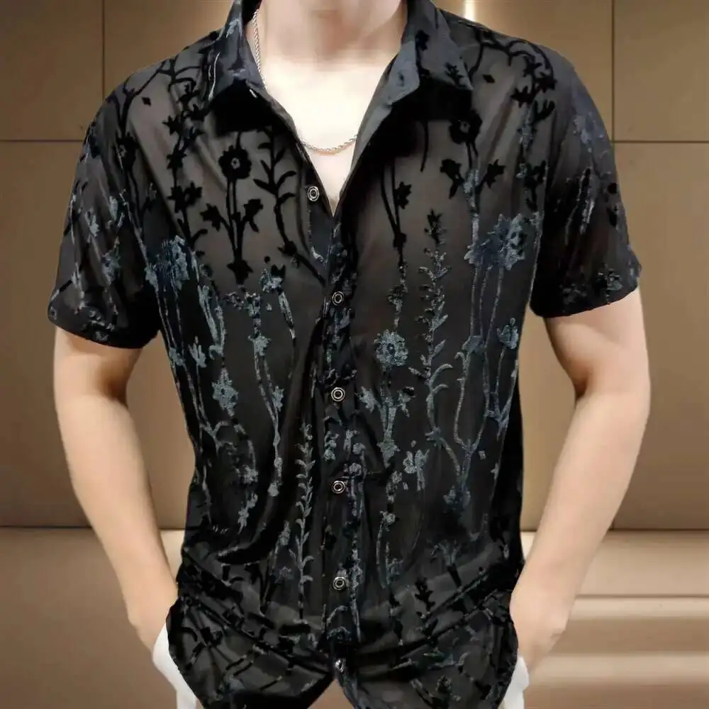 2024 New DJ Prom Shirt manica corta See Through Lace Shirt Chemise Homme Men Club Party camicia di velluto fiore trasparente da uomo