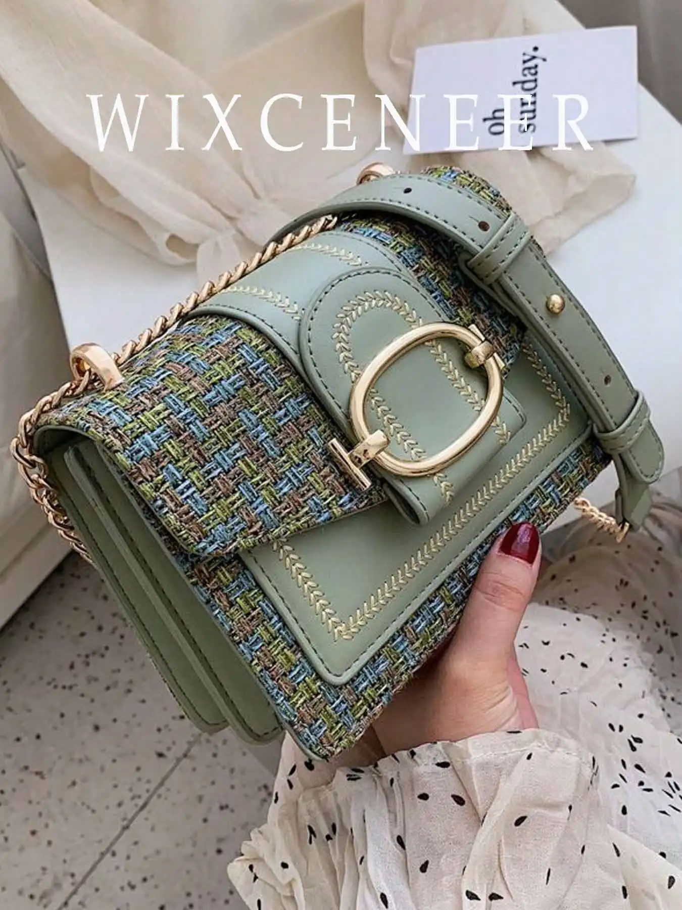 

Mini Plaid Pattern Soft Woolen Shoulder Bag, Decorated Square Crossbody Bag With Chain Strap, Suitable For Daily Use