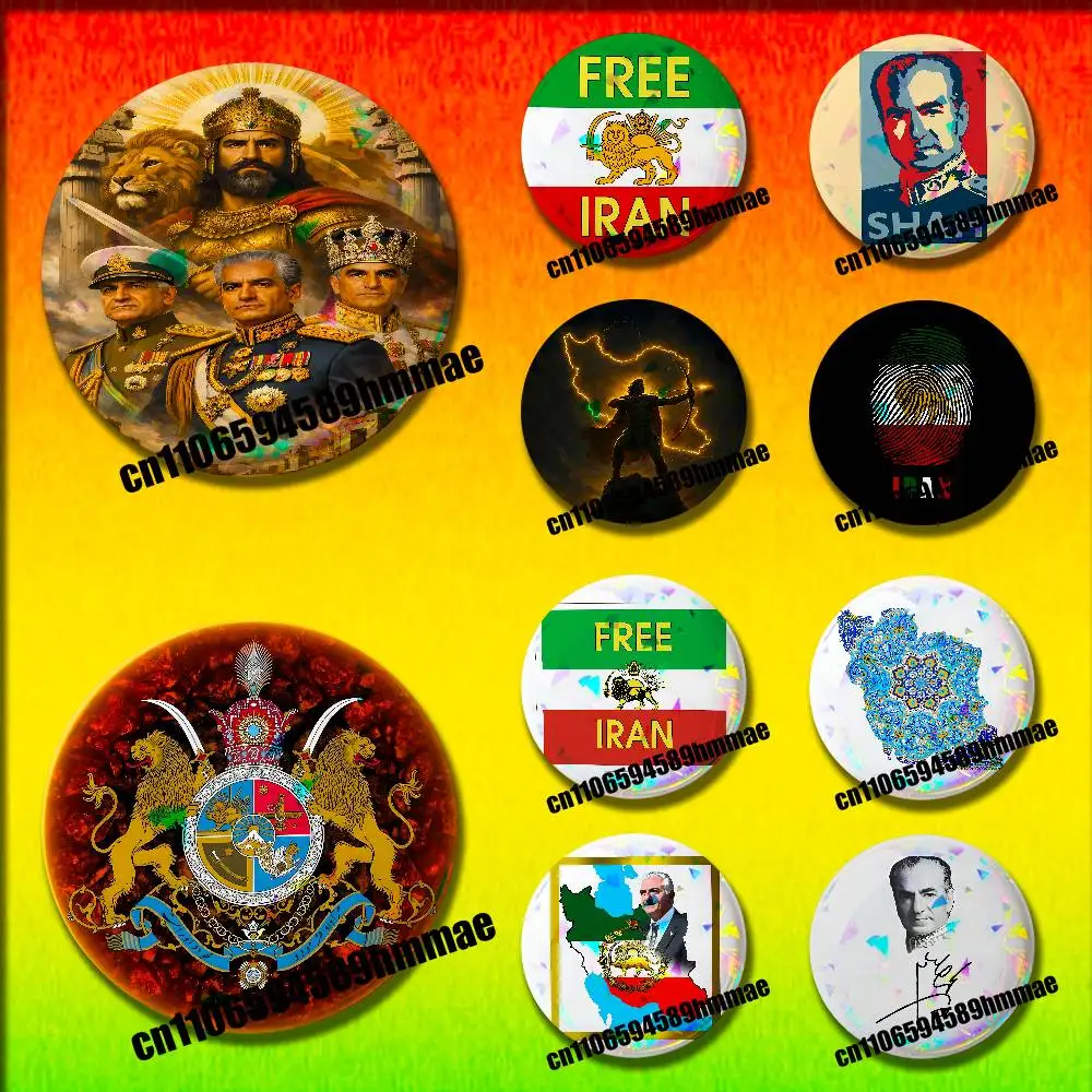 

For Imperial Coat Arms Iran national emblem Lion sun Mohammad Reza Shah Pahlavi Flag Round Pins Insignia Badge Brooch Button